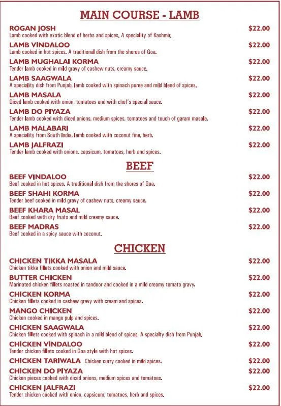 Main Dine In Menu
